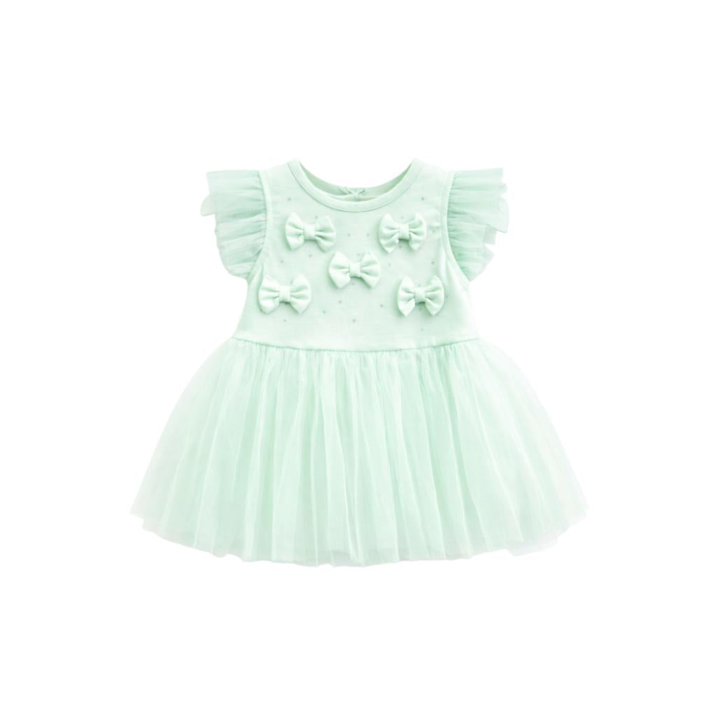 Caramelo mint tulle dress with bow‑detail bodice and layered skirt. A soft, elegant occasion dress for baby girls