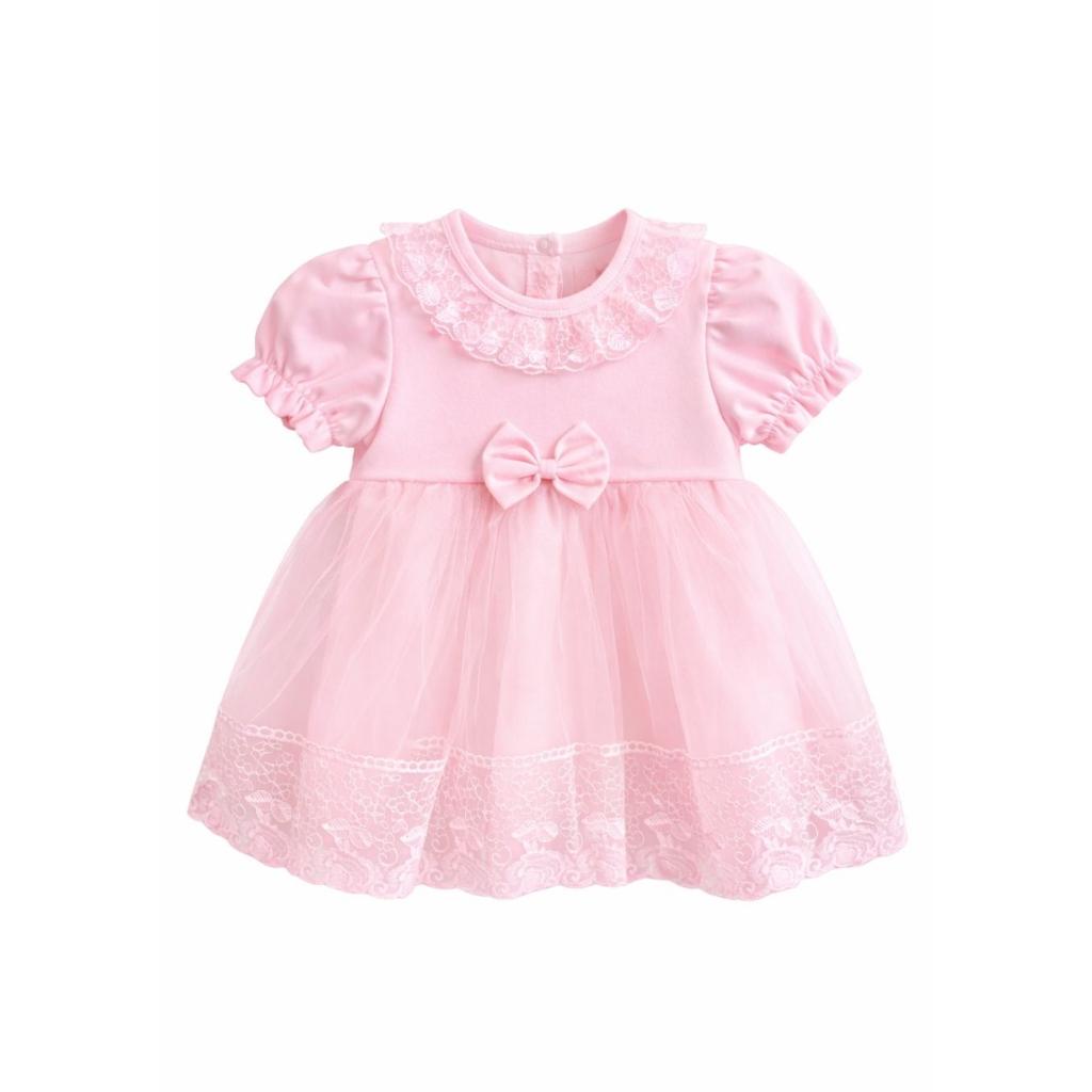 Caramelo pink lace baby dress with matching headband. Elegant tulle, bow and lace details make this the perfect outfit for birthdays, christenings and special occasions.