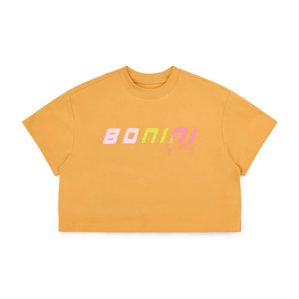 Yellow crop top with colorful text on a white background