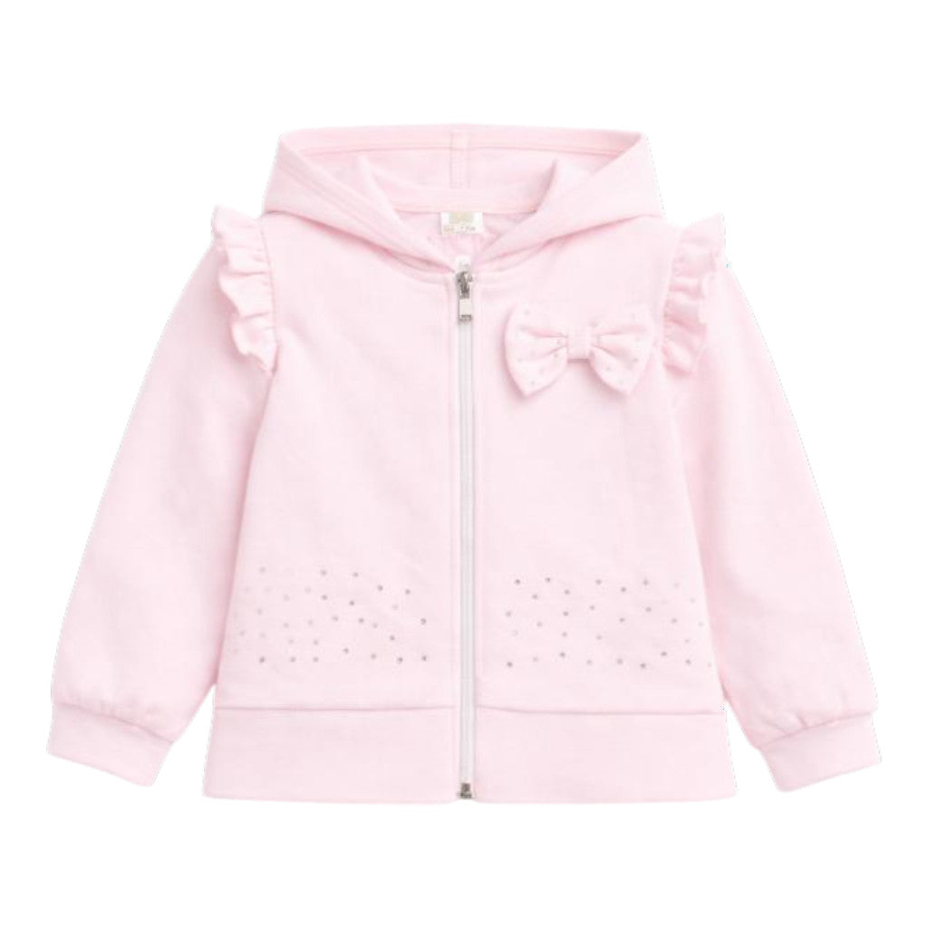 Caramelo pink zip‑up cardigan with ruffled shoulders, bow detail and light sparkle