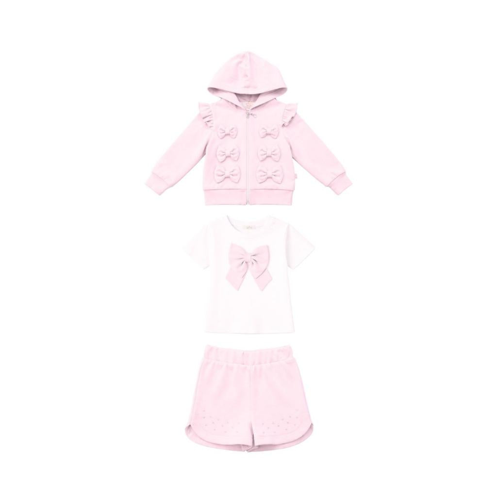 Caramelo pink three‑piece short set for girls, featuring a bow T‑shirt, matching shorts and a ruffle‑trim jacket