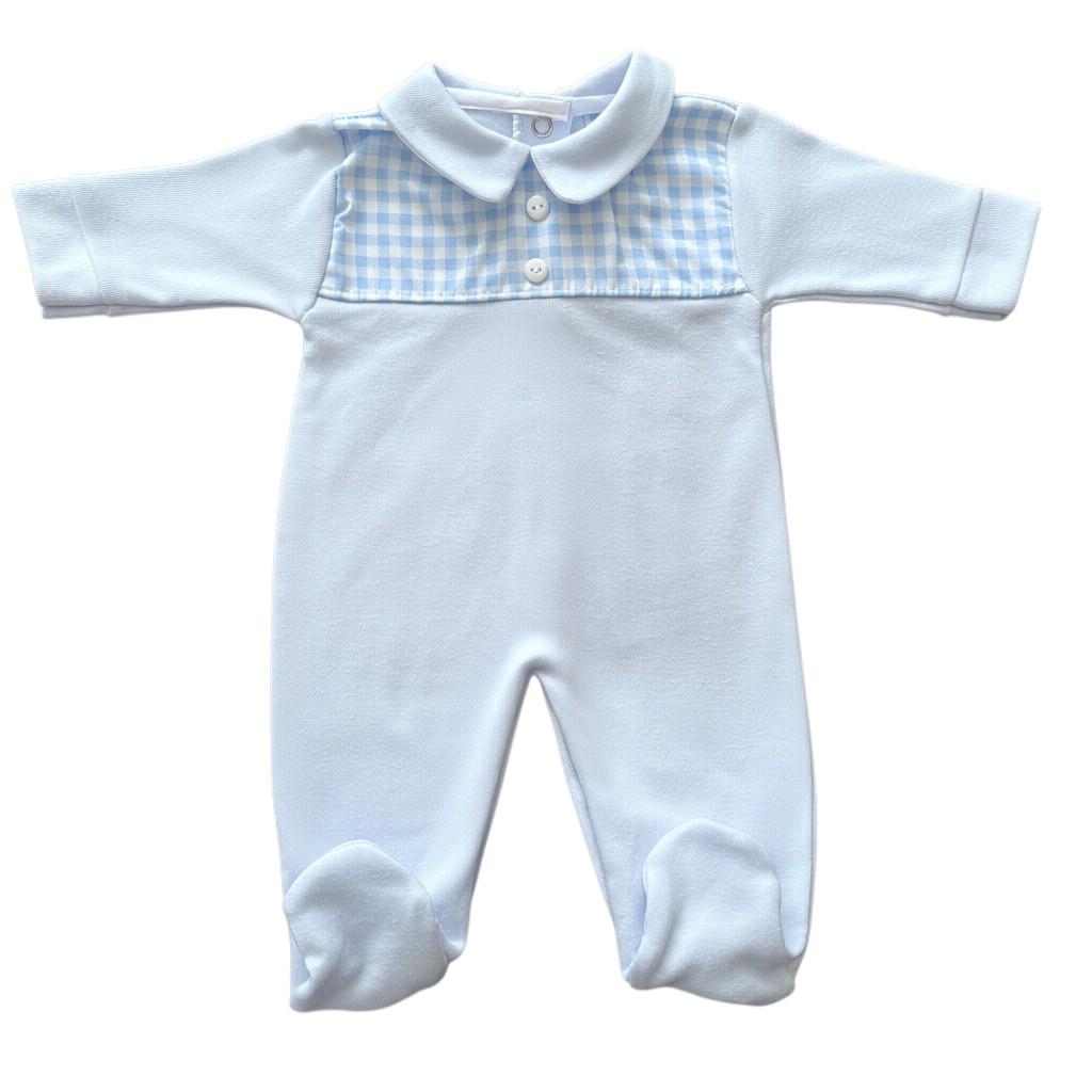 Pale blue baby romper with blue checkered collar on a white background