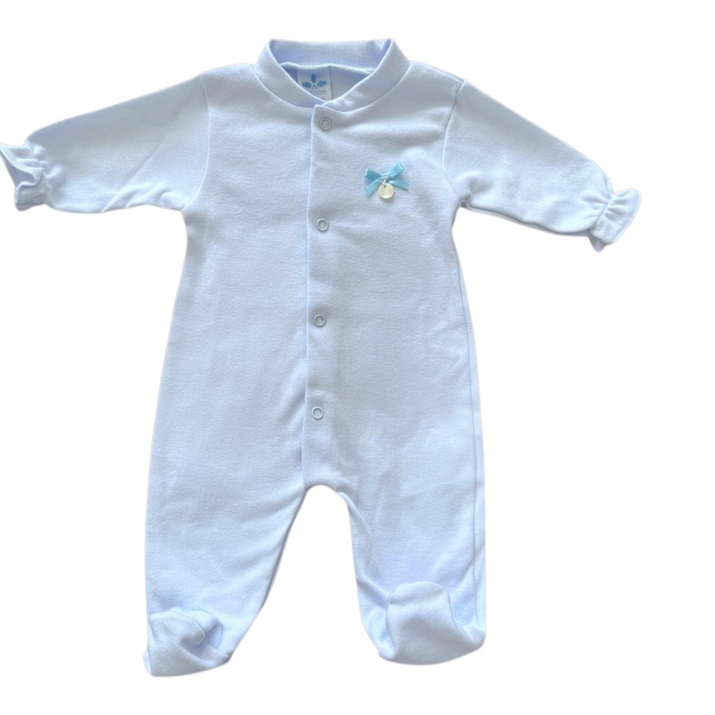 Pale blue baby onesie with blue accents on a white background