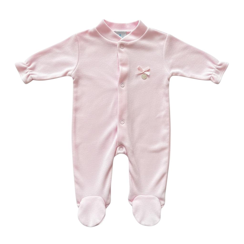 Pink baby onesie with a small design on a white background