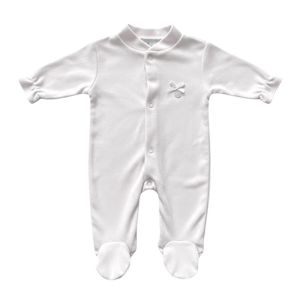 White baby onesie with a small design on a white background