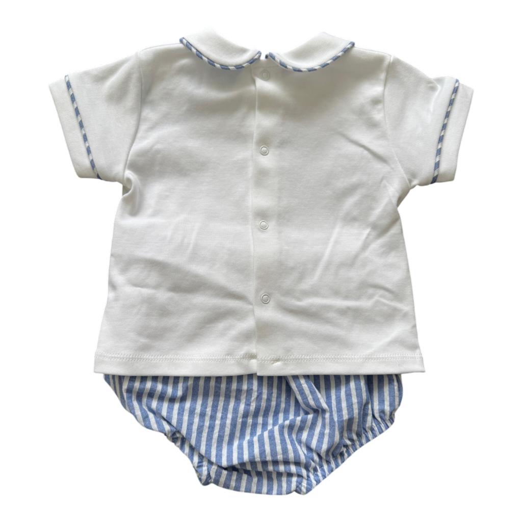 White baby shirt with blue trim and matching shorts on a white background