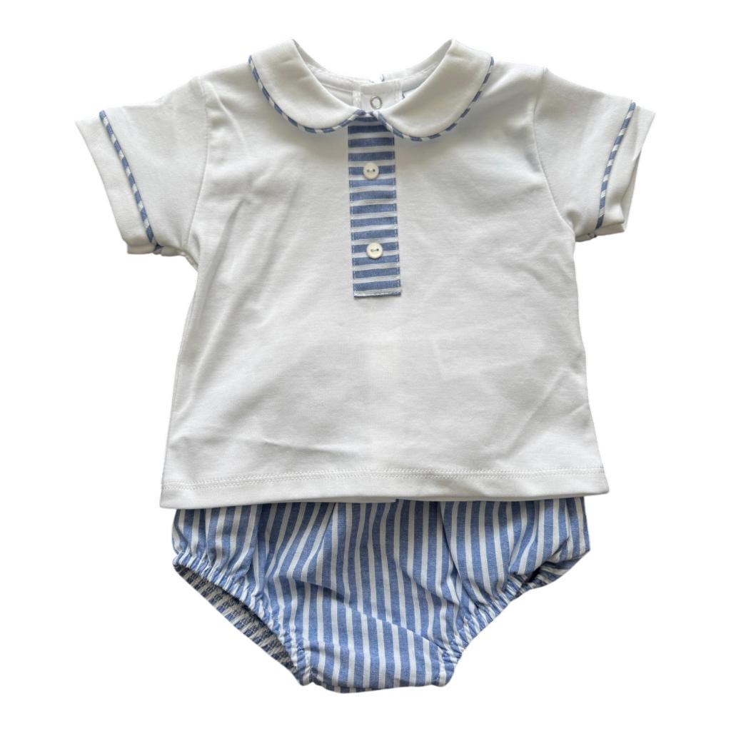 Baby outfit with white shirt and blue striped bloomers on a white background