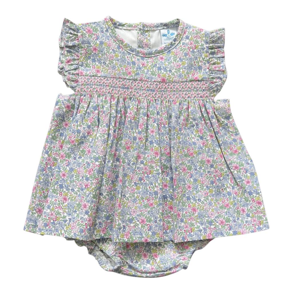 Floral baby dress with ruffled top and matching panties