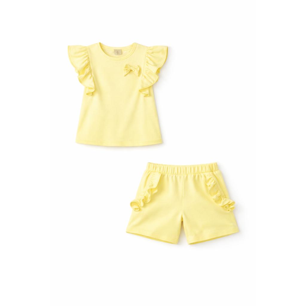 Caramelo yellow short set with ruffle‑sleeve top and matching shorts. A bright, comfortable summer outfit for girls