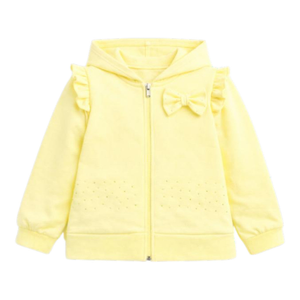 Caramelo yellow zip‑up cardigan with ruffled shoulders, bow detail and subtle sparkle. A sweet, lightweight layer for girls