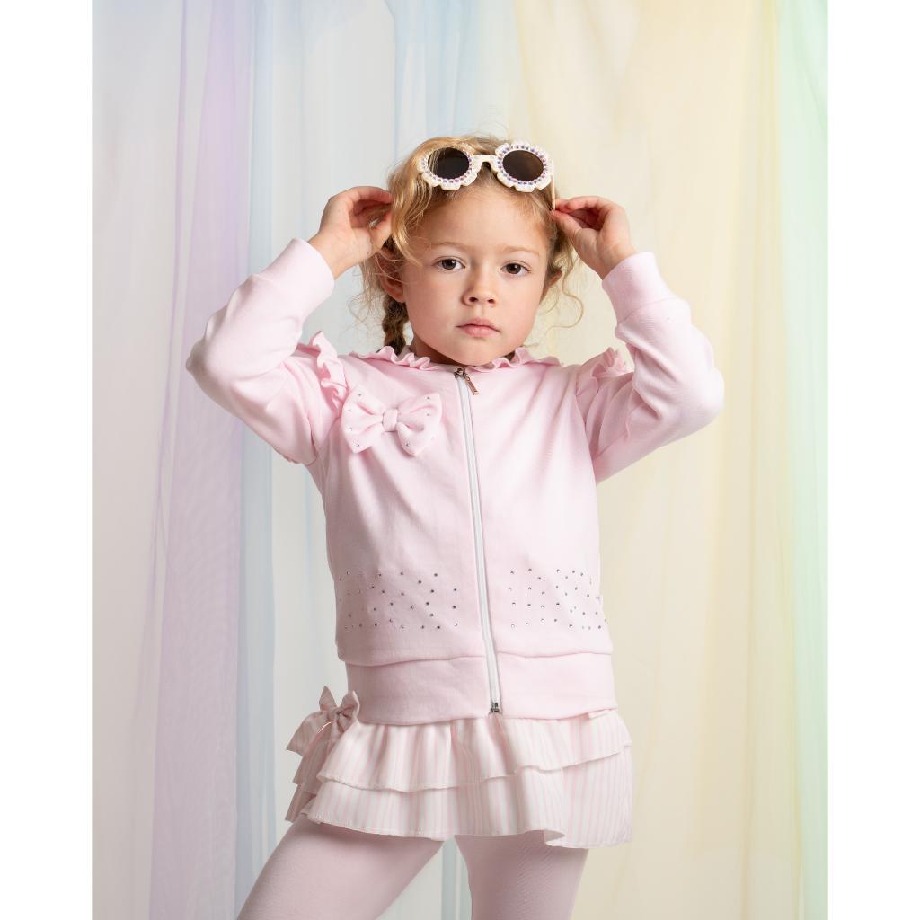 Caramelo pink zip‑up cardigan with ruffled shoulders, bow detail and light sparkle