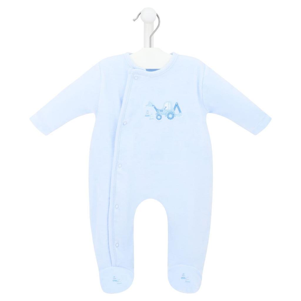 Light blue baby onesie with a digger design on the front